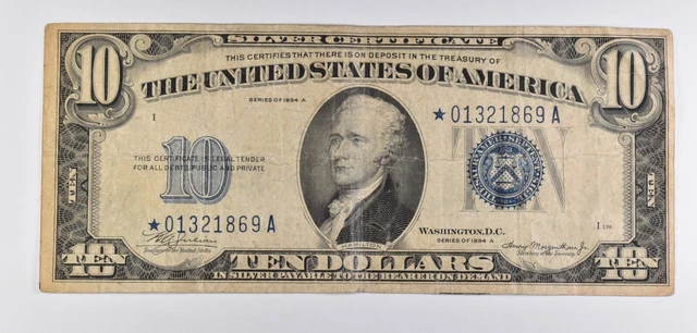 1934-A Star Note $10 Silver Certificate Blue Seal *6499