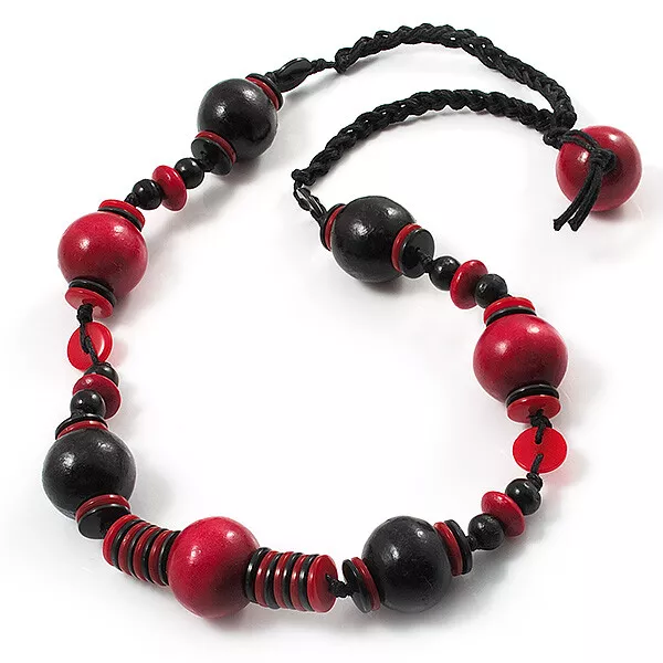 Round/ Button Beaded Cotton Cord Necklace in Black/ Red/ 50cm Long