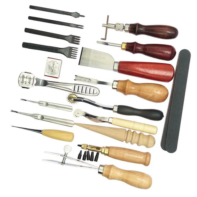 19 piezas Herramientas perforadoras artesanales de cuero para coser tallado trabajo costura ranura