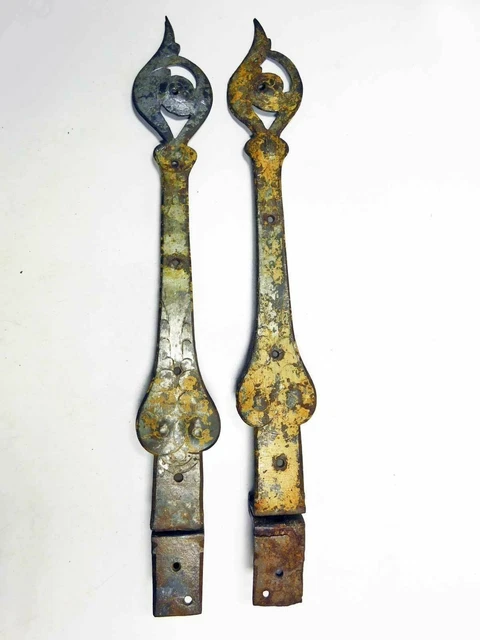 Pair 18th Century Wrought Iron Chest or Box Hinges Hand Made Ornate Chasing Rare