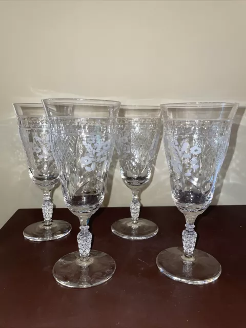 Vtg Rock Sharpe 7.5” Crystal Goblets Wine Glasses Amesbury Set Of 4 Etched & Cut