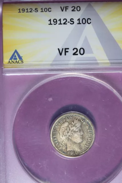 1912 S- Anacs Vf20 Barber Dime #B44195