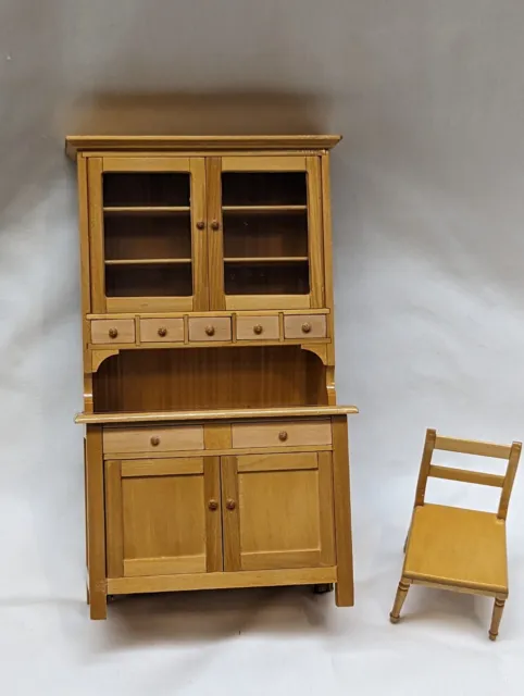 Beautiful handcrafted wooden dollhouse furniture buffet pantry hutch and chair