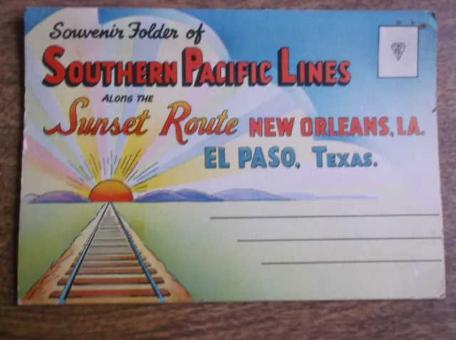 Vintage Souvenir ausklappbar Südpazifiklinien Eisenbahn Sonnenuntergang Route 18 Ansichten 40er Jahre