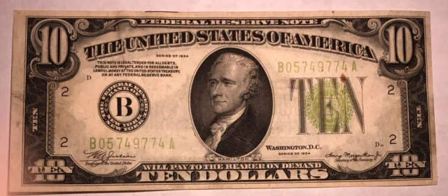 1934 $10 Federal Reserve Note New York. FR2004B. Crisp XF-AU. #nu123