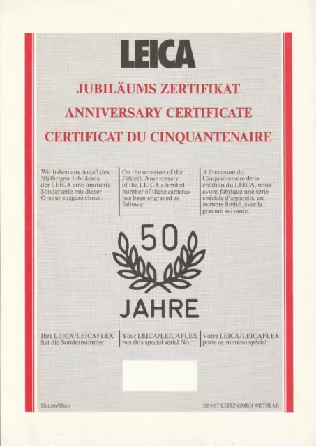 50 years Leica JUBILEUMS CERTIFICATE / ANNIVERSARY CERTIFICATE / DU...