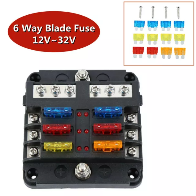 6 Way Blade Fuse Box Block FuseBox Holder Auto Marine Bus Bar Car Kit 12V 32V