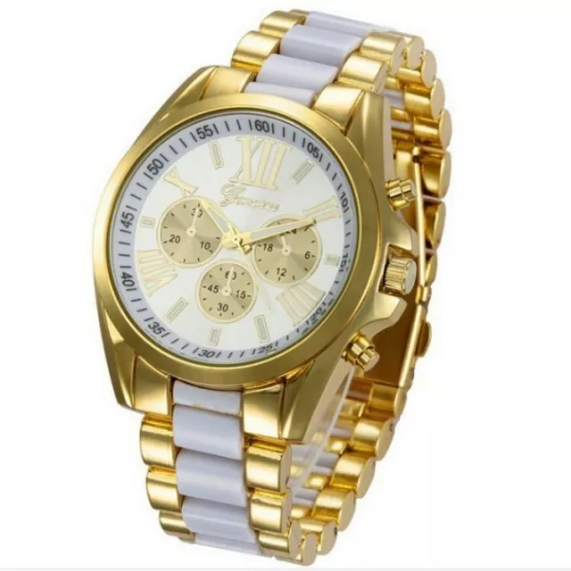 Luxury Mens Gold Tone Stainless Steel Band Analog Quartz Wrist Watch Gift 2