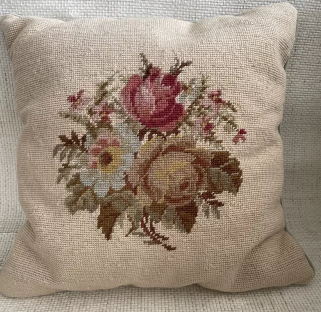 Vintage CHAPS Pillow Roses Needlepoint Wool Floral Roses 16” Square