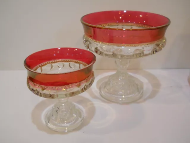 Set of 2 Kings Crown Ruby Flash Stain Thumbprint Pedestal Compote Candy Bowls