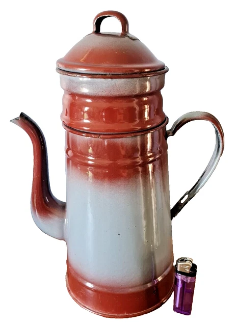 ANCIENNE CAFETIERE VERSEUSE Tole Emaillee Decor Carreau Rouge Vintage Collection EUR 79,00