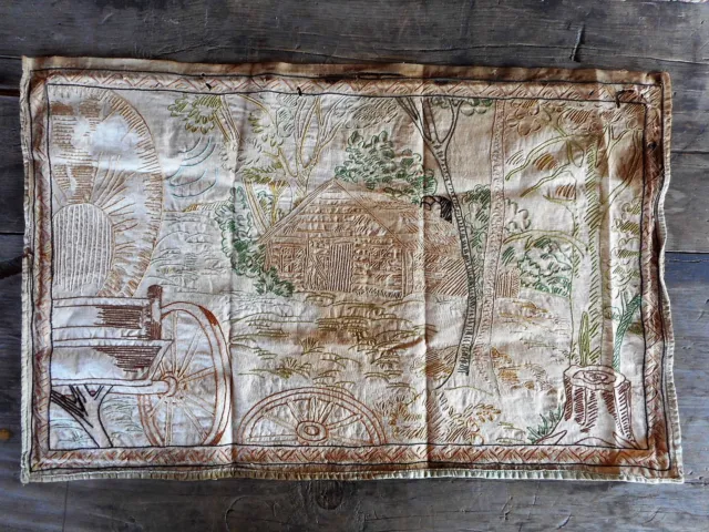 Primitive Fabric Art Vintage Embroidery Needlework Picture Log Cabin West Scene