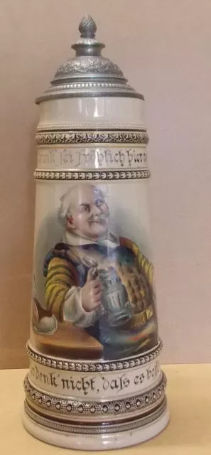 Ancienne Chope Biere Allemande 1900 Etain Et Faience Avec Rehauts D'emaux