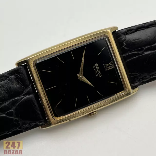Vintage Seiko Tank Black Dial Gold Tone Quartz Men's Dress Watch