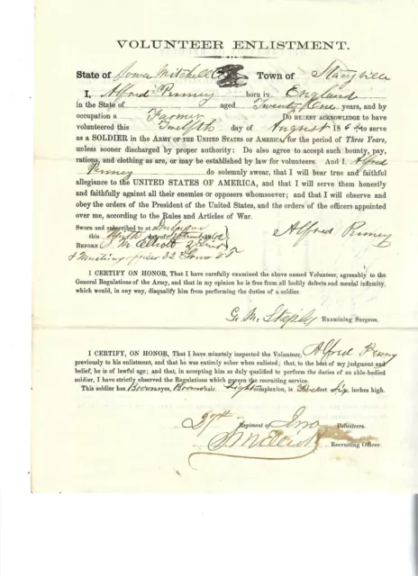 Civil War Enlistment document Sgt Alfred Penney 27th Iowa Volunteer Infantry