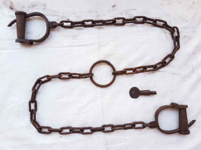 Antique Handcuffs Iron Strong Heavy Long chain Rare Adjustable Lock" HC58