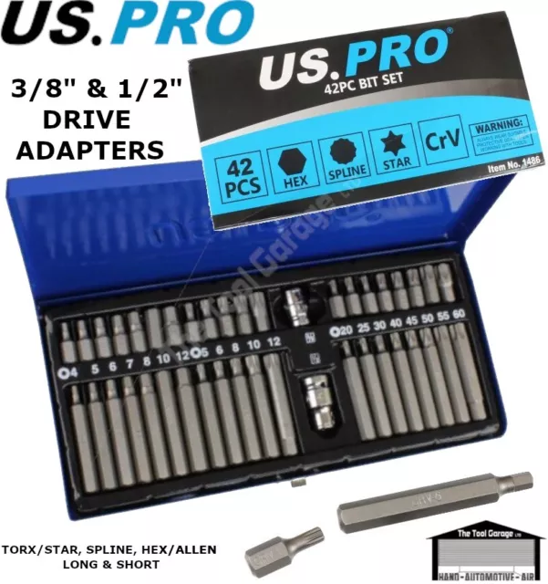 US PRO Tools 42pc Set Hex, Allen, Torx, Star, Spline Bit Sockets 3/8" 1/2"d 1486