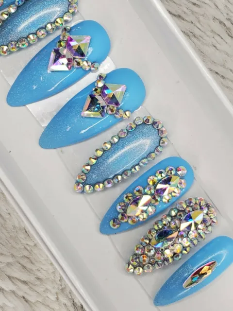 Super bling bebé azul prensa holográfica sobre uñas cristal Swarovski stiletto