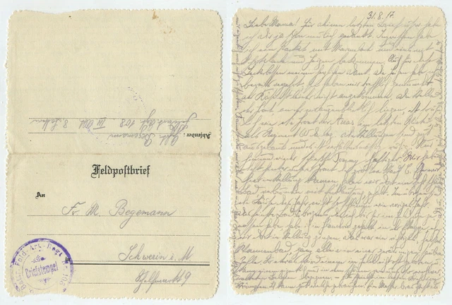 97685 - Feldpostbrief ohne Datumstempel - 31.8.1917 nach Schwerin