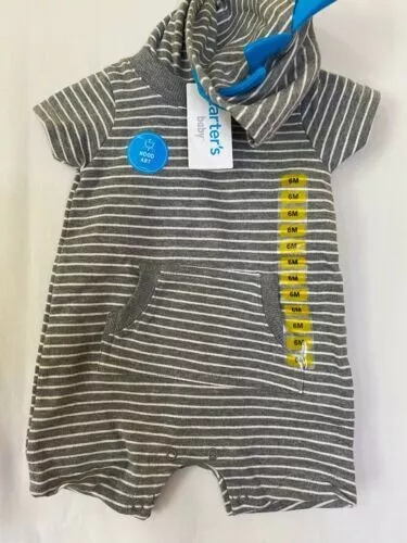 Carter's Baby Boy One Piece Hoodie Grey/White Stripe Dinosaur 6 Months