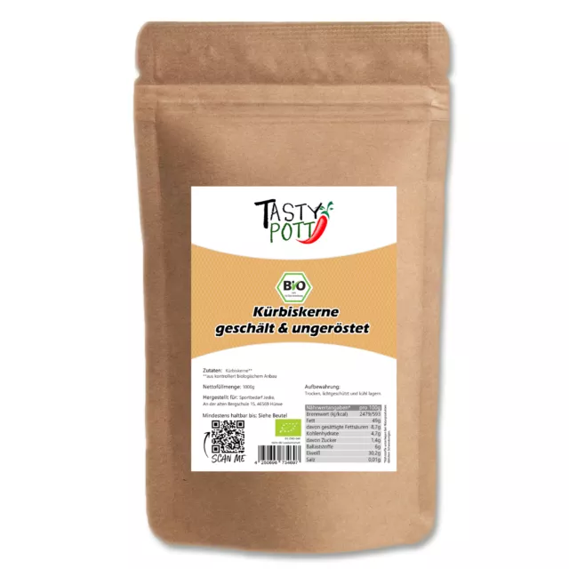 Tasty Pott Bio Kürbiskerne geschält und ungeröstet 1Kg Vegane Küche Snack Kürbis