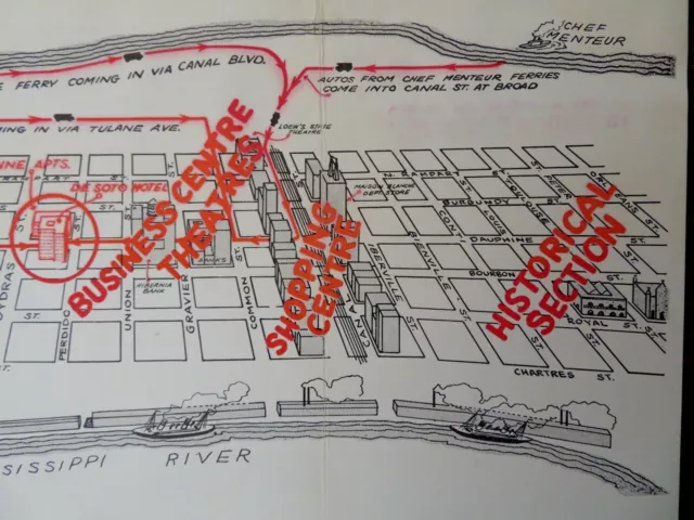 New Orleans Louisiana Tourist Info Cartoon Pictorial Map 1930's hotel souvenir
