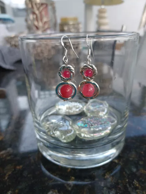 Lovely Pink Jade Ornate Earrings.  Sterling Silver Hooks.