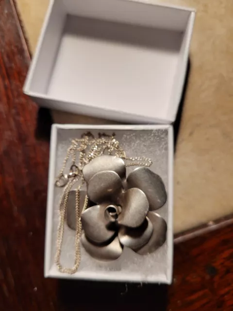 Silver Necklace With Pendant , Flower Antique