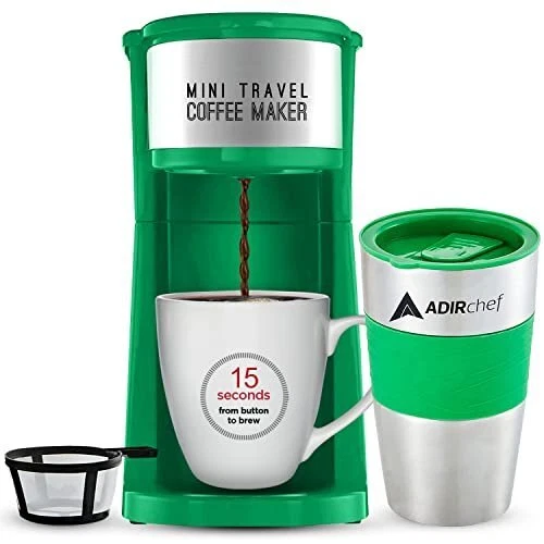 AdirChef Single Serve Mini Travel Coffee Maker & 15 oz. Travel Mug Coffee...