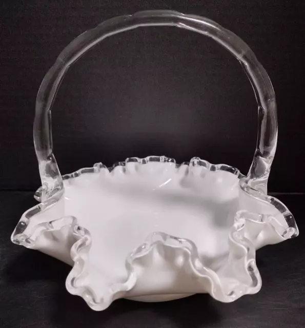 Fenton 1960’s "Silver Crest” Milk Glass Basket Ruffle Edge Clear Handle Vintage