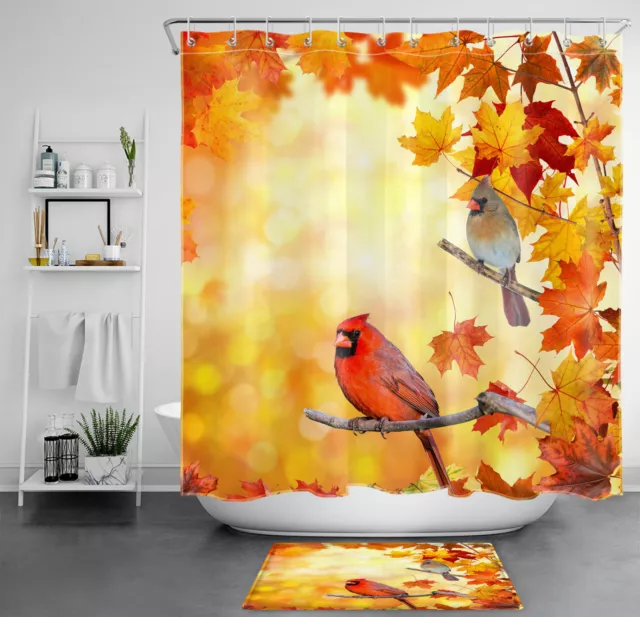 Fall Farmhouse Orange Maple Leaf Cute Bird Shower Curtain Set for Bathroom Decor