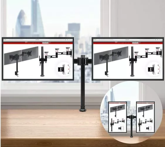 Double Twin Arm Desk Mount Bracket LCD Computer Monitor Stand 13”-27” Screen TV