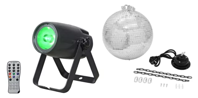 Kompakter Eurolite LED PST-10 QCL DMX Pinspot im Set mit Remote & Spiegelkugel