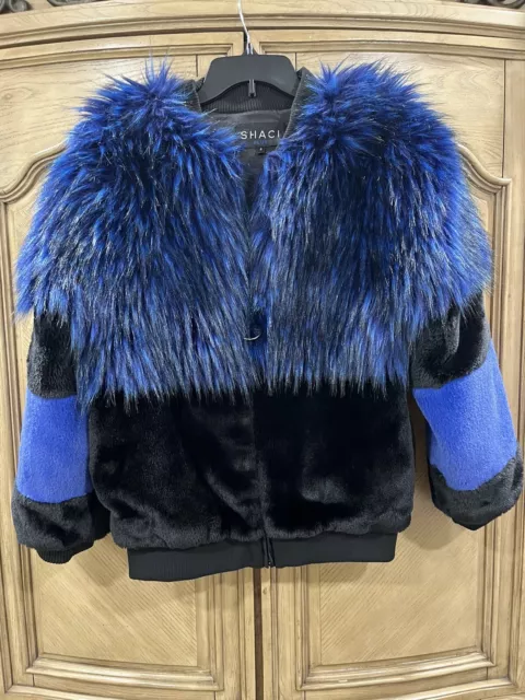 Womens Shaci Blue Black Faux Fur Coat Size Small