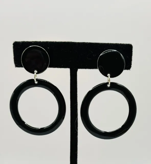 Black Enamel Earrings Clip On Large Ring Drop Dangle Vintage Silver Tone