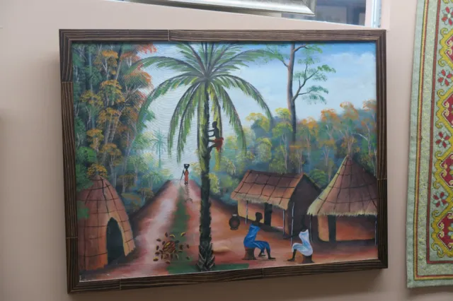 Vintage Oil on Canvas Painting 22" x 30" - 25" x 32" Frame Jamaican Ethnic Scene