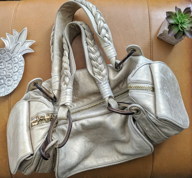 Juicy Couture women's gold tan leather satchel tote bag shoulder gym duffle $425
