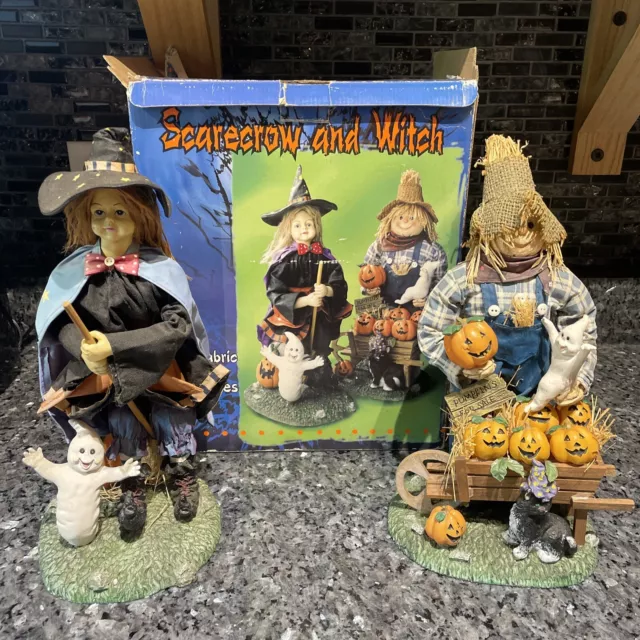 FABRIC MACHE WITCH & SCARECROW FIGURE SET 13" Halloween decor vintage rare cute