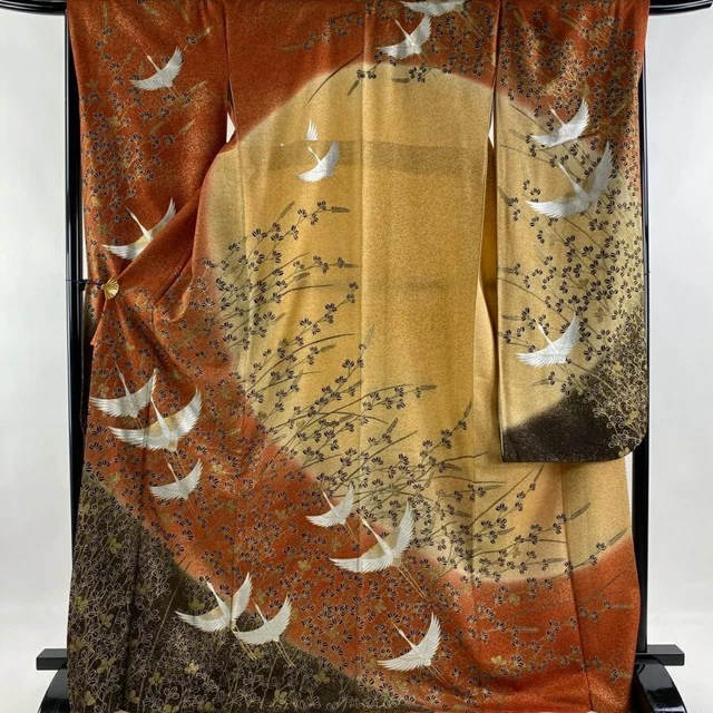 Japanese Kimono Furisode Pure Silk Crane Bush Clover Madder Red Color
