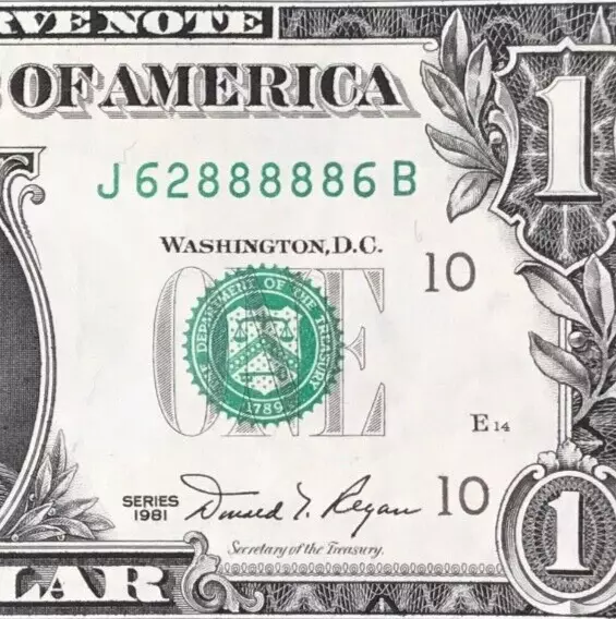 J 62888886 B : Five 8 's in a Row $1 One Dollar Bill