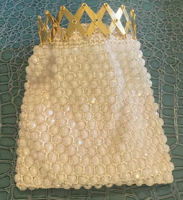 Vintage White Crystal Beaded Flapper Purse 7” L X 5” W, Excellent Condition