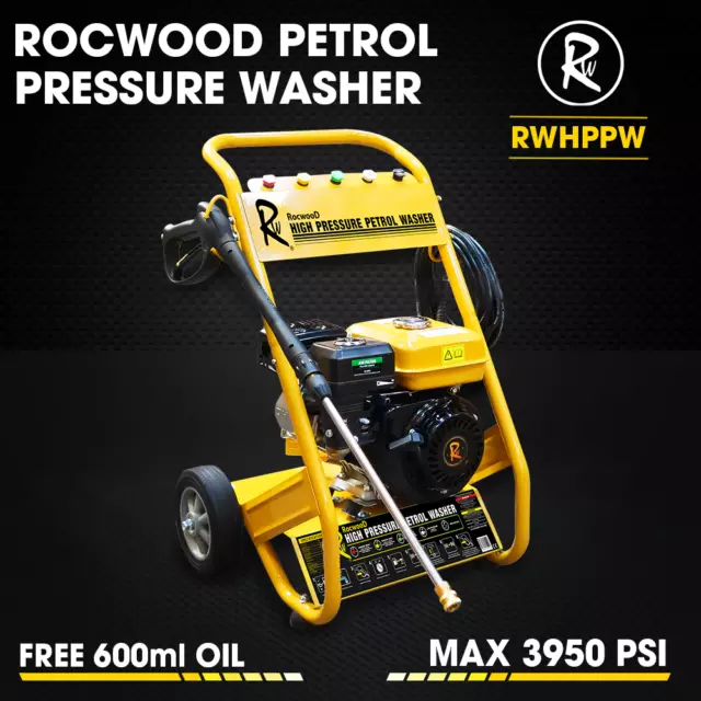 RocwooD Petrol Pressure Washer 3950 PSI 7HP 10 Litre High Power Jet FREE Oil