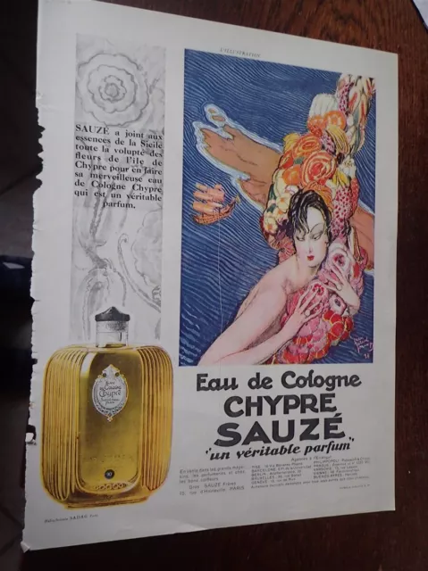 EAU DE COLOGNE CHYPRE SAUZE + IDEAL WATERMAN publicité papier ILLUSTRATION 1928