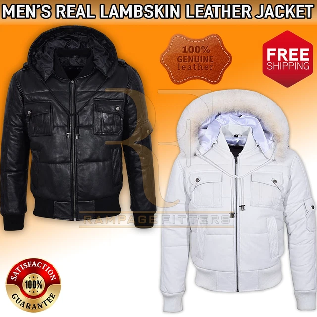 Mens Shearling Pilot Six Puffer Hooded Leather Jacket Puffy Bomber Jacket