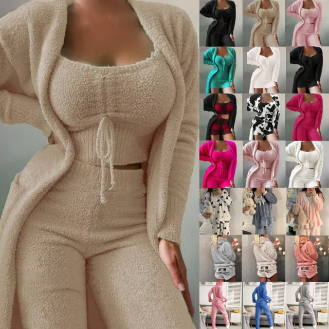 Womens Teddy Bear Fleece Pyjamas Set Ladies Cat Fluffy Warm PJS Nightwear Suit
