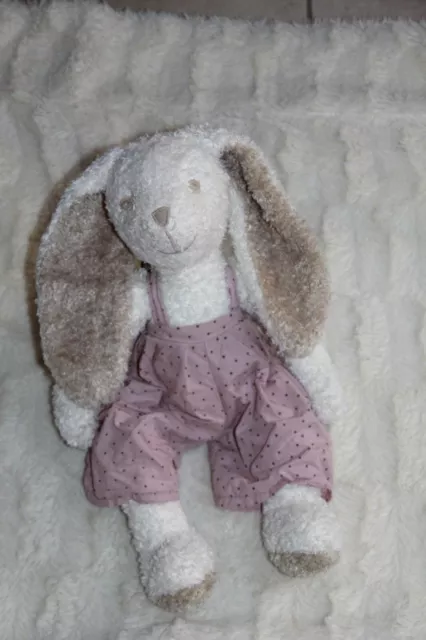 DOUDOU peluche CYRILLUS LAPIN BLANC BEIGE SALOPETTE ROSE ETOILE   NEUF