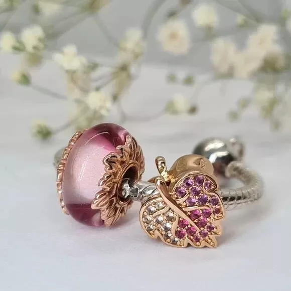 Authentic Pandora Charm Set of 2 Rose gold Sparkling Pave Leaf Pink Murano Glass