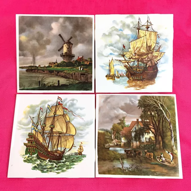 Vintage H & R Johnson Set of 4 Ceramic Tiles Ships Windmill Countryside England
