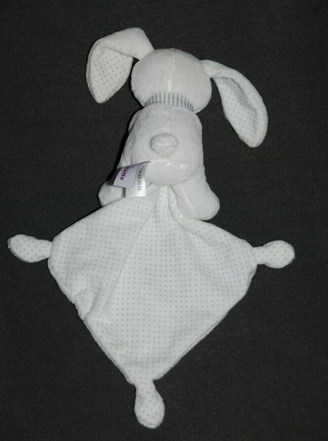 Doudou Lapin Blanc Mouchoir POMMETTE Mon Petit Coeur Echarpe Rayé Gris Etat NEUF 2