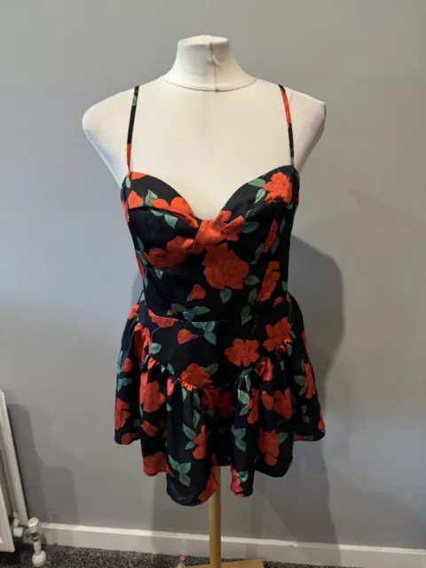 Ladies ASOS Black And Red Floral Pattern Satin Feel Dressy Playsuit Size 14 BNWT